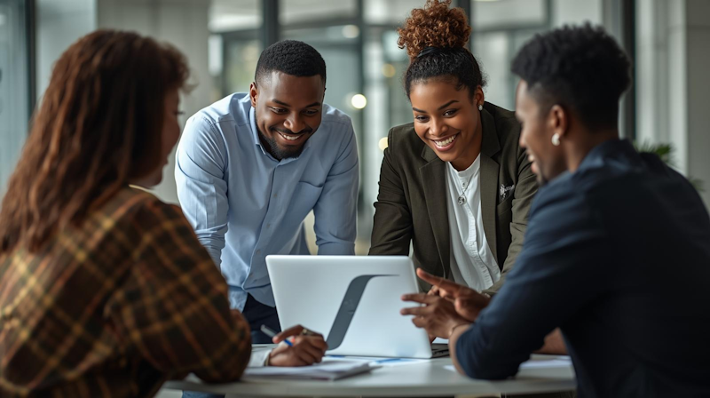 Diverse Nigerian employees collaborating in modern office.